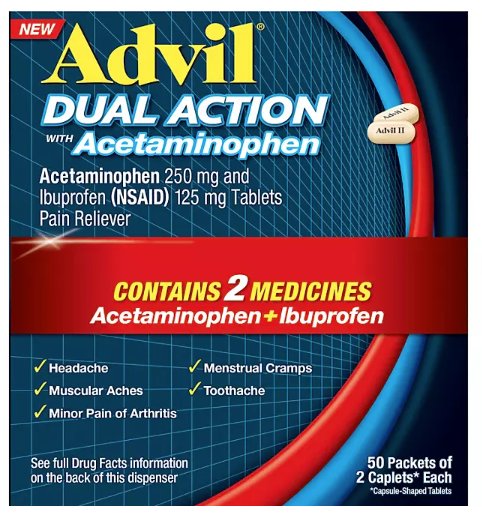 Advil Dual Action with Acetaminophen 250mg and Ibuprofen 125mg Coated Pain Reliever Caplets (100 ct.) 