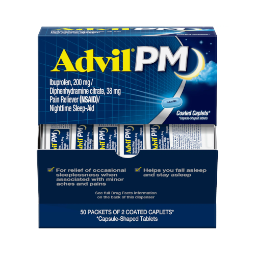 Advil PM Pain Reliever and Sleep Aid 200Mg Ibuprofen Temporary Pain Relief (2Ct. Packs) -100 Caplets