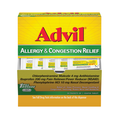 Advil Allergy and Congestion Relief Pain and Headache Reliever Ibuprofen, Coated Tablets, 50 Count